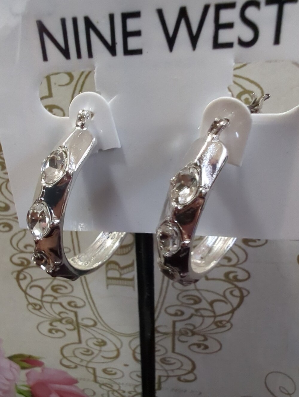 Nine West Silver Tone Earrings with Oval Rhinestones 1 1/2" Hoops NWT